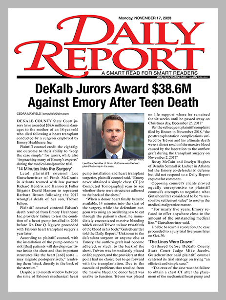 DeKalb Jurors Award $38.6M Against Emory After Teen Death
